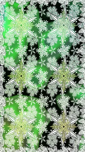 Raster illüstrasyonu. Yeşil ve nötr renklerde Asya tekstil tarzında. Çiçeklerle suluboya desenleri.