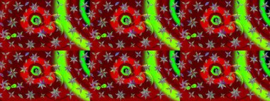 Çiçek deseni. Şatafatlı bahar bahçesi dokusu. Kırmızı ve yeşil renkte çiçek çizimi. Raster illüstrasyonu. Kırmızı ve yeşil renkte çiçekler.