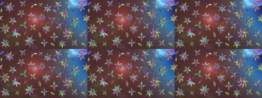 Sevimli çiçek raster deseni. Sketch Colour Spring Theme eskiz kalıbı. Kahverengi ve mavi renkli çiçekler. Düz Çiçek Elementleri Tasarımı.