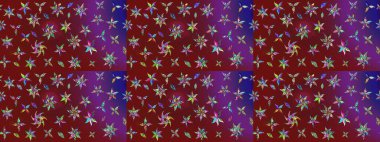 Moda baskısı, albüm, ambalaj kağıdı ve duvar kağıdı için zarif dekoratif süslemeler. Raster illüstrasyonu. Küçük çiçekli basit bir çiçek çizimi. Kırmızı ve mor renkte şirin çiçekler..