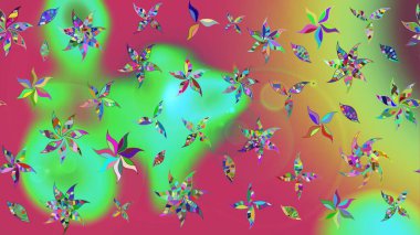 Raster illüstrasyonu. 3D çiçekler, eskiz. Yeşil ve pembe renklerde.