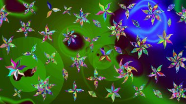 Nazik, sevimli çiçek arkaplanı. Çiçekli karalama şeklinde Raster çiçek deseni. Yeşil ve mavi renkte çiçekler.