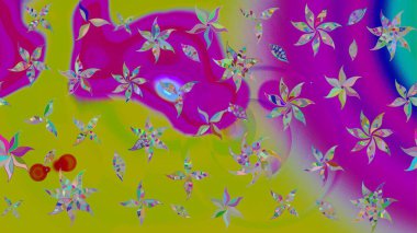 Raster deseni. Soyut çiçek çizim kalıbı arka planı. Raster illüstrasyonu. Yeşil ve mor renklerde. Küçük çiçekte sevimli çiçek deseni var..