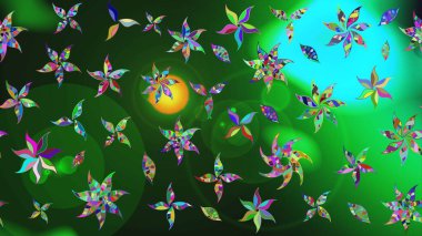 Yeşil ve mavi renkli şirin çiçekler. Küçük çiçekli basit bir çiçek çizimi. Raster illüstrasyonu. Moda baskısı, albüm, ambalaj kağıdı, duvar kağıdı için zarif dekoratif süslemeler..