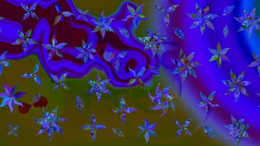 Düz Çiçek Elementleri Tasarımı. Raster illüstrasyonundaki çiçek desenli çizim. Mavi ve yeşil renkli çiçekler. Renkli Bahar Teması çizim şablonu.