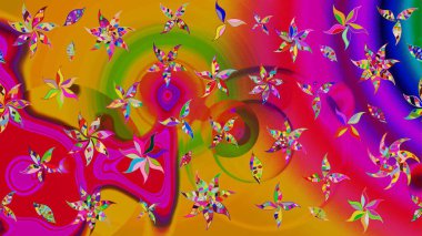 Raster düz çiçek çizim deseni. Hediye ambalaj kağıdı, tebrik kartları, posterler ve pankart tasarımı. Sarı ve kırmızı renkte çiçekler.