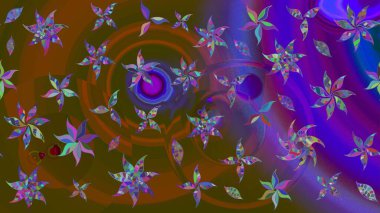 Raster illüstrasyonu. Moda baskısı, albüm, ambalaj kağıdı ve duvar kağıdı için zarif dekoratif süslemeler. Kahverengi ve mor renkli şirin çiçekler. Küçük çiçekli basit bir çiçek çizimi..