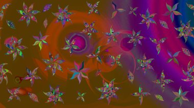 Raster illüstrasyonu. Çiçek süslemeli çizim deseni. Kahverengi ve mor renkte çiçekler.