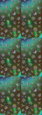 Raster illüstrasyonu. Yeşil ve kahverengi renkli Asya tekstili. Çiçek desenini çiz.