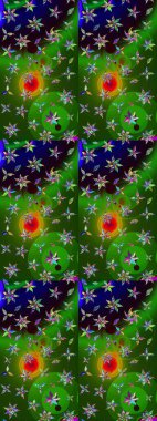 1950-1960 motifleri. El çizimi çiçek unsurları olan soyut çizim raster deseni. Yeşil ve siyah, yeşil ve siyaha. Çiçekli ipek eşarp. Retro tekstil tasarım koleksiyonu.