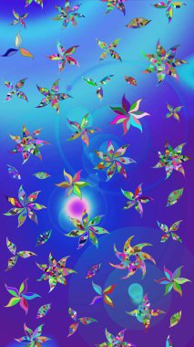 Elle boyanmış suluboya resim çizimleri, çiçekler ve bitkiler. Mavi ve mor renkte çiçekler.