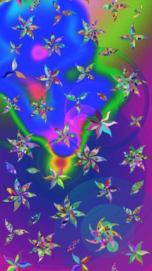 Mavi ve menekşe renkleri üzerine karalamalar çizilmiş çiçek deseni. Raster illüstrasyonu.