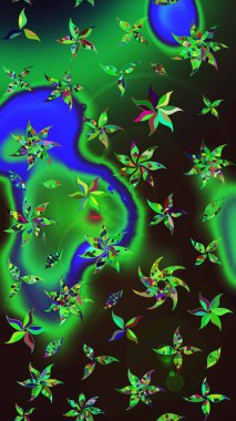 Raster illüstrasyonu. Tropik çiçek desenleri. Yeşil ve gri renkte çiçekler.