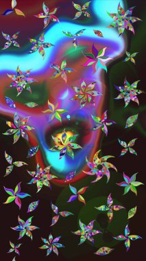 Çiçekli ipek eşarp. 1950-1960 motifleri. El çizimi çiçek unsurları olan soyut çizim raster deseni. Açık. Retro tekstil tasarım koleksiyonu.