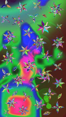 Raster illüstrasyonundaki çiçek desenli çizim. Yeşil ve mavi renkte çiçekler.