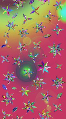 Raster illüstrasyonu. Şirin çiçekli eskiz deseni ve pembe ve yeşil renkli yapraklar, suluboya çiçek deseni, duvar kağıdı, kart veya kumaş için fayanslı.