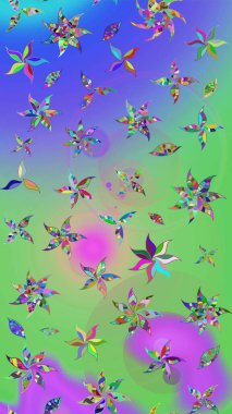 Raster illüstrasyonu. Yeşil ve mor renklerde. 3D çiçekler, çizim.