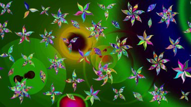 Raster illüstrasyonu. Çiçekli karalama şeklinde Raster çiçek deseni. Yeşil ve siyah renklerde bahar çiçekleri..