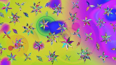 Güzel kumaş deseni. Raster Illustrasyon 'daki Çiçek Deseni' nin son moda çizimi. Düz Çiçek Elementleri Tasarımı. Renkli Yaz Teması çizim şablonu.