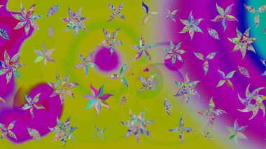 Raster illüstrasyonu. Yeşil ve mor renkli Asya tekstili. Çiçek desenini çiz.