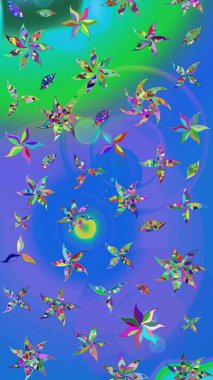 Modern çiçek arkaplanı. Parlak renkli çiçekleri olan ve mavi ve yeşil renkli yaprakları olan harika bir çiçek deseni. Halk tarzı. Moda baskıları için zarif bir şablon.