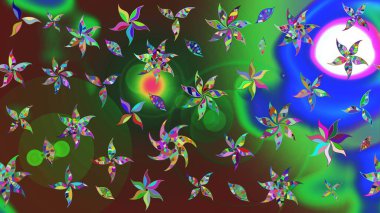 Raster illüstrasyonundaki çiçek desenli çizim. Yeşil ve kahverengi renkli çiçekler. Renkli Bahar Teması eskiz kalıbı. Düz Çiçek Elementleri Tasarımı.