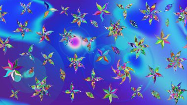 Raster illüstrasyonu. Çiçek desenli çizim. Raster illüstrasyonu. Asya tekstil tarzında. Mavi ve mor renkte çiçekler.