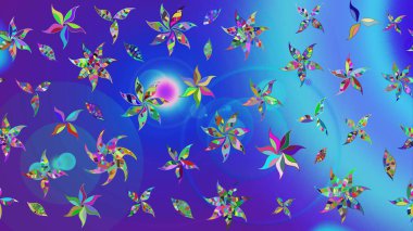 Halk tarzı. Modern çiçek arkaplanı. Moda baskıları için zarif bir şablon. Parlak renkli çiçekleri ve mavi ve menekşe renklerinde yaprakları olan muhteşem bir çiçek deseni..