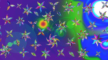 Mavi ve mor renkli parlak çiçekli soyut çizim deseni. Çiçeksel elementlerle süslenmiş zarif raster dokusu. Küçük çiçekte şirin bir çiçek deseni var..