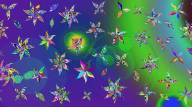 Çiçekler. Soyut etnik raster çizim kalıbı. Vadinin çiçekleri yeşil ve mavi renklerde.