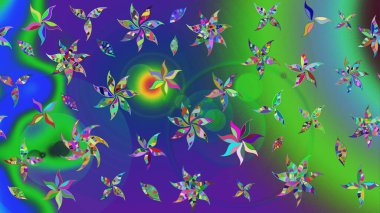 Şirin çiçek elementleri. Yeşil ve mavi renkte çiçekler. Raster illüstrasyonu. Çizim.