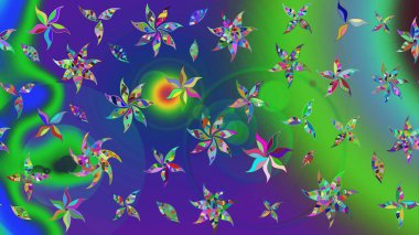 Yumuşak, bahar çiçekleri yeşil ve mavi renklerde. Raster illüstrasyonu. Raster deseni. Patlayan çiçekler soyut yerleştirilmiş.