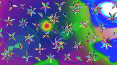 Raster Modaya uygun kumaş deseni. Mavi ve yeşil renkli şirin çiçek desenleri. Düz Çiçek Elementleri Tasarımı. Renkli Bahar Teması çizim şablonu.