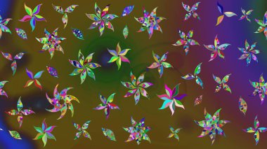 Nazikçe, rengarenk bahar çiçekleri. Yaprak ve çiçeklerin suluboya resimleri, renkler üzerine çizimler. Raster illüstrasyonu.