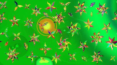 Çok yeşil ve sarı zarif küçük çiçekler ve yeşil ve sarı renkli komik böcekler, raster deseni, illüstrasyon.