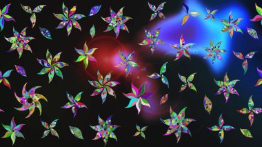 Raster düz çiçek çizim deseni. Hediye ambalaj kağıdı, tebrik kartları, posterler ve pankart tasarımı. Renkli çiçekler.