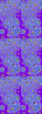 Düz Çiçek Elementleri Tasarımı. Mor ve mavi renkli şirin çiçek desenleri. Raster Modaya uygun kumaş deseni. Renkli Bahar Teması çizim şablonu.