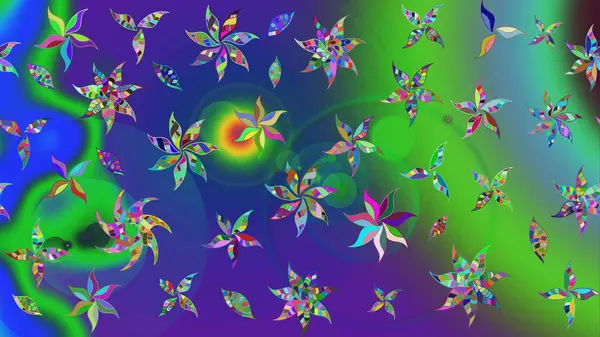 Şirin çiçek elementleri. Yeşil ve mavi renkte çiçekler. Raster illüstrasyonu. Çizim.