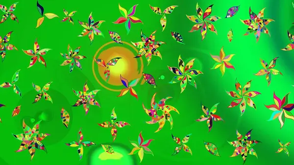 Çok yeşil ve sarı zarif küçük çiçekler ve yeşil ve sarı renkli komik böcekler, raster deseni, illüstrasyon.