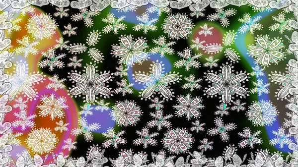 Tarafsız ve gri renklerdeki çok renkli ve gri zarif küçük çiçekler ve komik böcekler, raster desen, illüstrasyon.