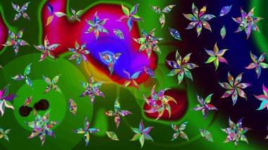 Raster illüstrasyonu. Yeşil ve siyah renklerde. Çiçekli güzel suluboya desen.