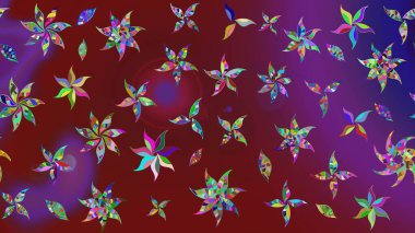 Bir sürü kırmızı ve mor soyut çiçekli tropik eskiz deseni. Küçük çiçekteki sevimli çiçek deseni. Renkli ve mor raster çizimi.