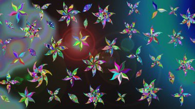 Raster illüstrasyonu. Patlayan çiçekler soyut olarak yerleştirilmiş. Yumuşak, bahar çiçekleri mavi ve gri renklerde. Raster deseni.