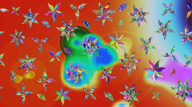 Çiçekler turuncu ve kırmızı renkte suluboya şeklinde. Turuncu ve kırmızı renkte çiçekli çiçek deseni çiz.