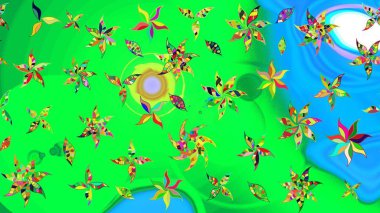 Çiçekli eskiz çizimi. Renkli Yaz Temalı eskiz kalıbı. Yeşil ve mavi renkte çiçekler. Düz Çiçek Elementleri Tasarımı.