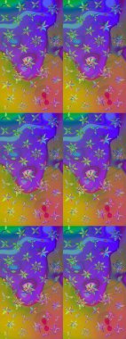 Mor ve yeşil renkte çiçekler. Hediye ambalaj kağıdı, tebrik kartları, posterler ve pankart tasarımı. Raster düz çiçek çizim deseni.