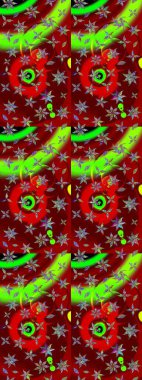 Çiçek kırmızısı ve yeşil çizim deseni. Raster çiçek izi. Klasik taslak çizimi.