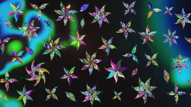 Suluboya elle çizilmiş çiçek desenli eskiz deseni. Parlak renkli fantezi çiçekleri, yapraklar, gri ve mavi renkli tomurcuklar, gri ve mavi.