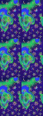 Çiçeksel çizim kalıbının yansıması. Vadinin çiçekleri mavi ve yeşil renklerde.