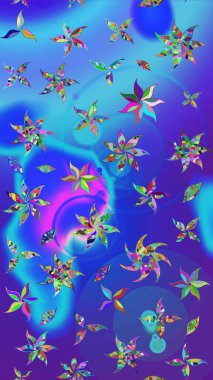 Mavi ve mor renkte manzaralı çiçek deseni. Çiçek kompozisyonu, el boyası, hassas şablon. Sevgililer günü ve tebrik kartı konsepti için şık bir davetiye. Üst görünüm, yumuşak biçim.